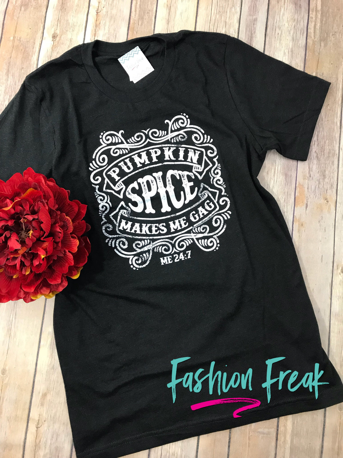 Pumpkin Spice Makes Me Gag Exclusive Graphic T by Fashion Freak LLC | Unisex Heathered Black