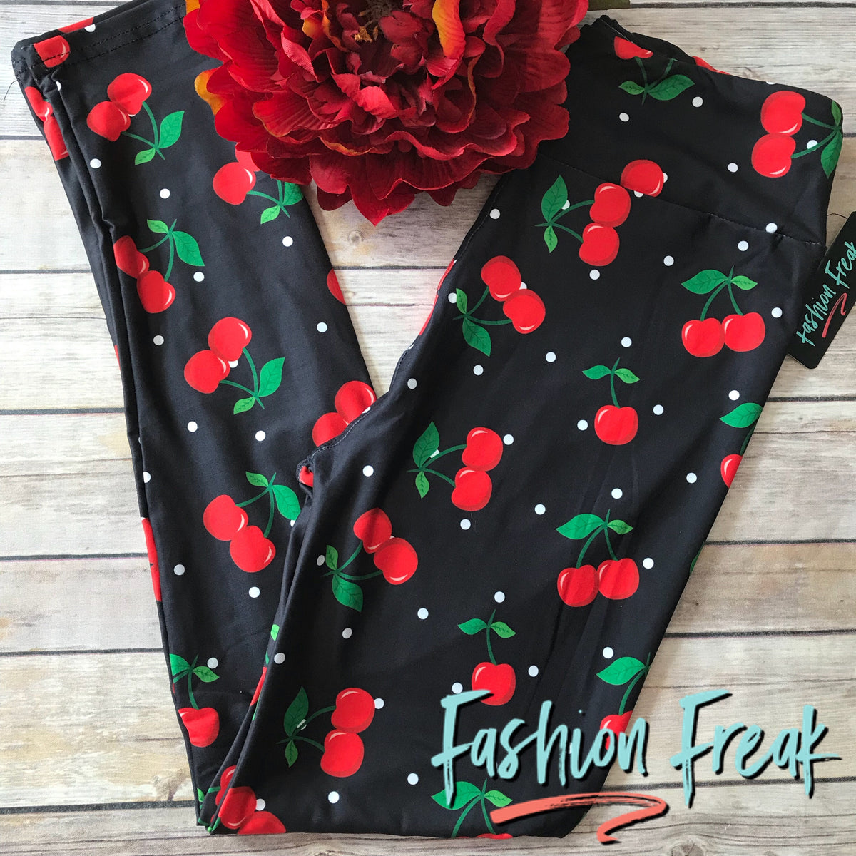Classic Polka Dots with a twist, Cherry on Top Leggings with Yoga Waistbands for ultimate comfort | Fashion Freak LLC Exclusives