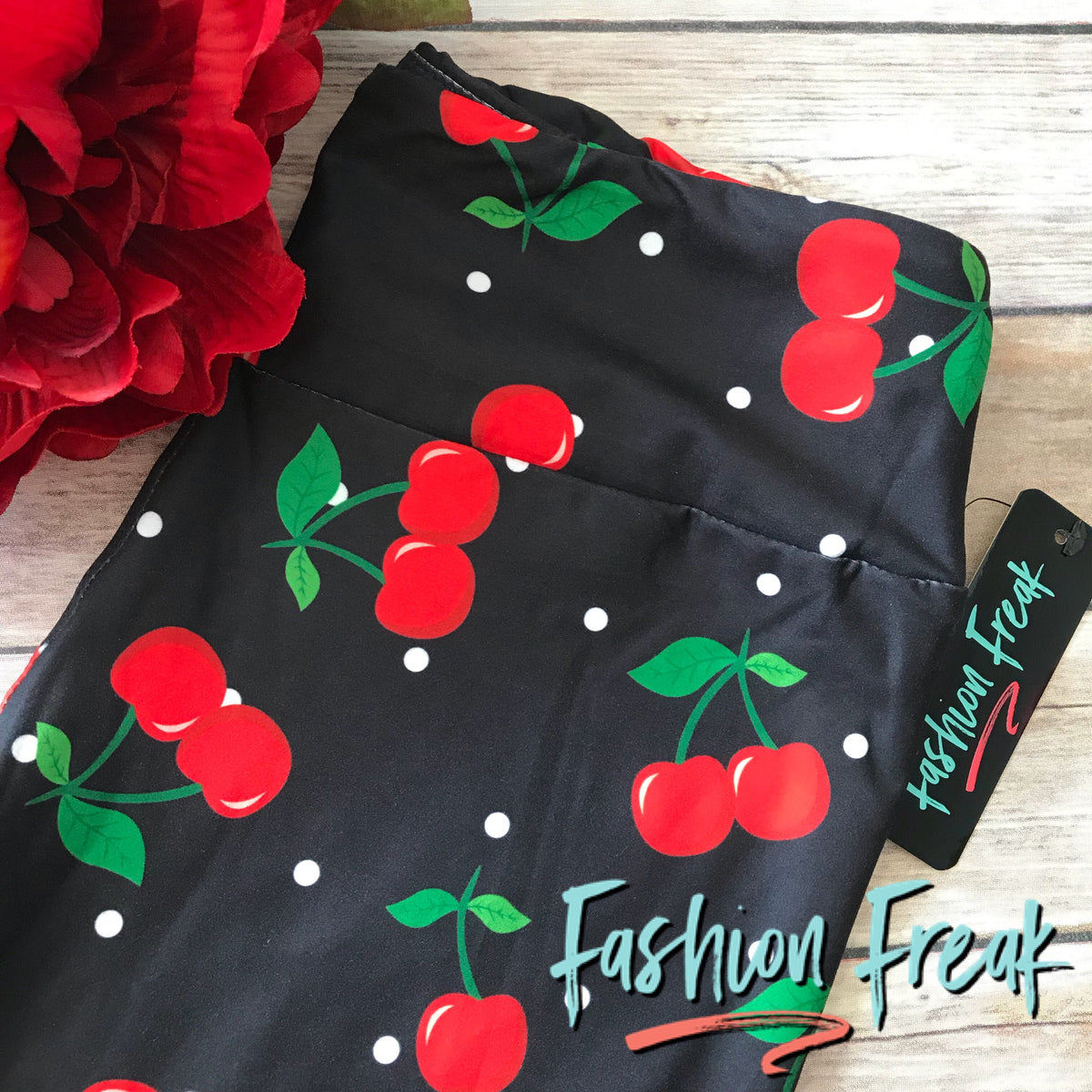 Classic Polka Dots with a twist, Cherry on Top Leggings with Yoga Waistbands for ultimate comfort | Fashion Freak LLC Exclusives