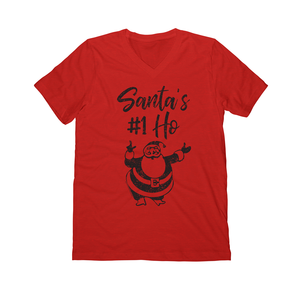 Santa&#39;s #1 Ho Favorite | Vintage Red Tee Black Imprint | V Neck