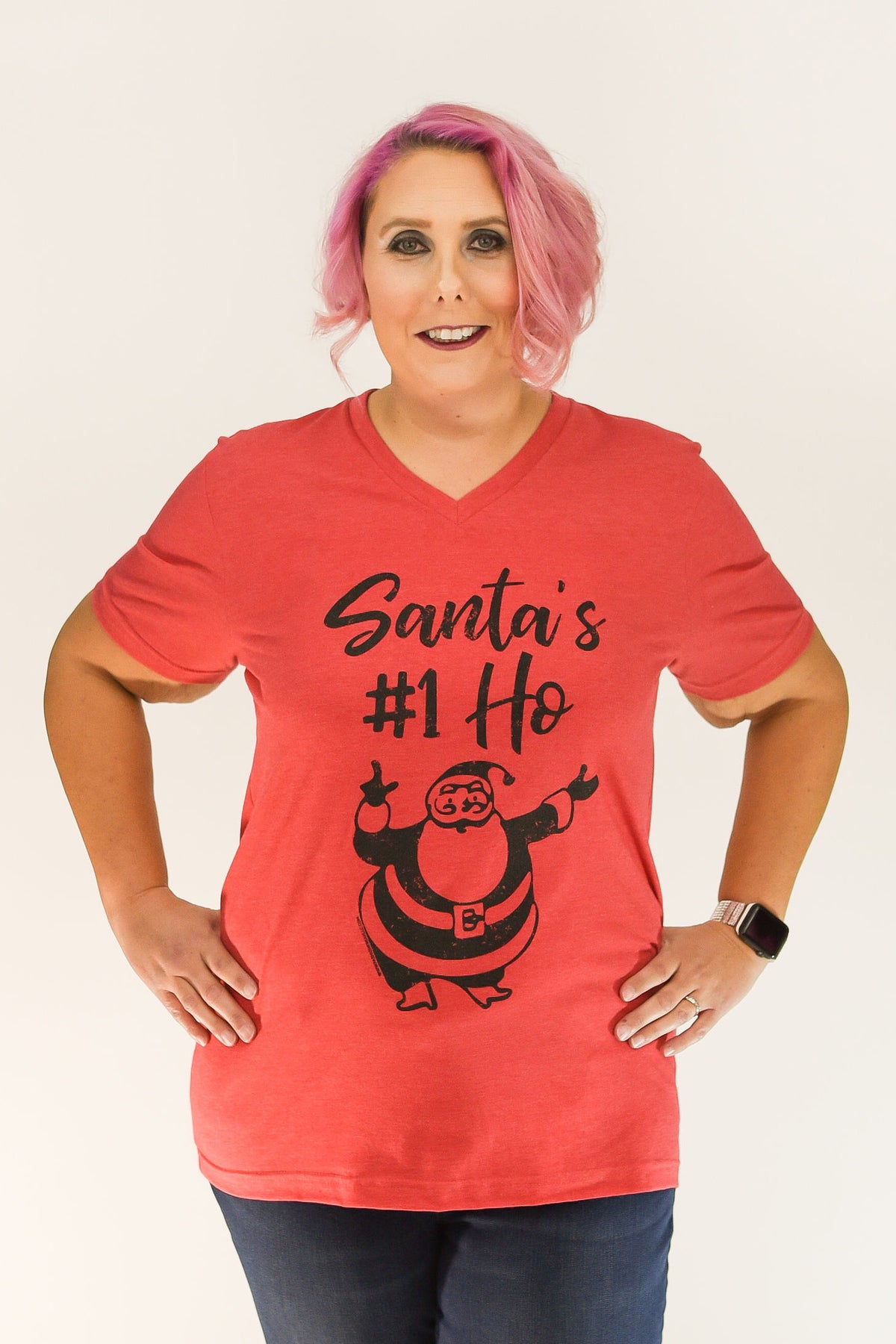 Santa&#39;s #1 Ho Favorite | Vintage Red Tee Black Imprint | V Neck